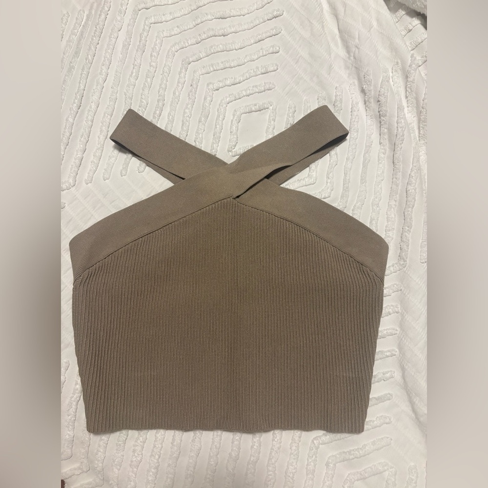 Tan Ribbed Cross-Front Crop Top - Picture 2 of 8
